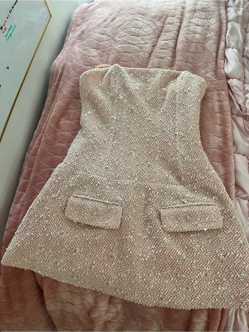 Hello Molly Blush Pink Strapless Sequin Tweed Mini Dress